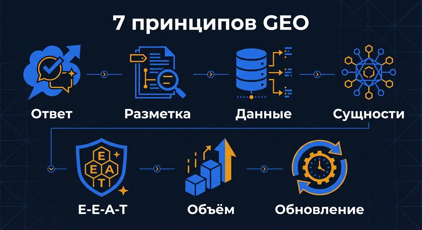 7 принципов GEO-оптимизации: answer-first, Schema.org, собственные данные, сущности, E-E-A-T, объем, обновление