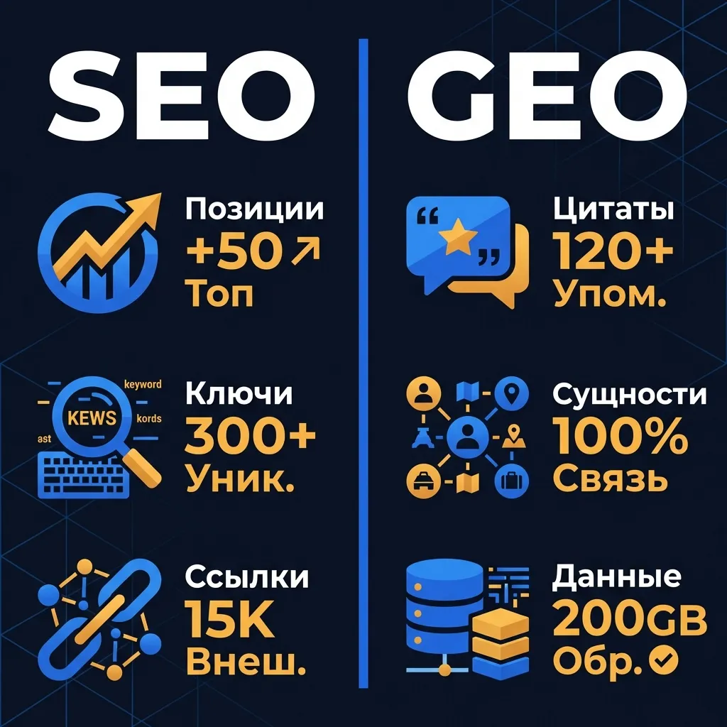 Сравнение SEO и GEO-оптимизации: ключевые слова и ссылки против сущностей и структурированных данных