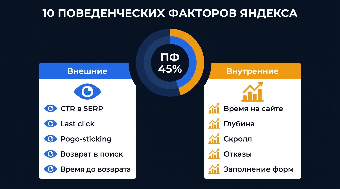 10 поведенческих факторов Яндекса: 5 внешних (CTR, last click, pogo-sticking, возврат, время) и 5 внутренних (время на сайте, глубина, скролл, отказы, формы)