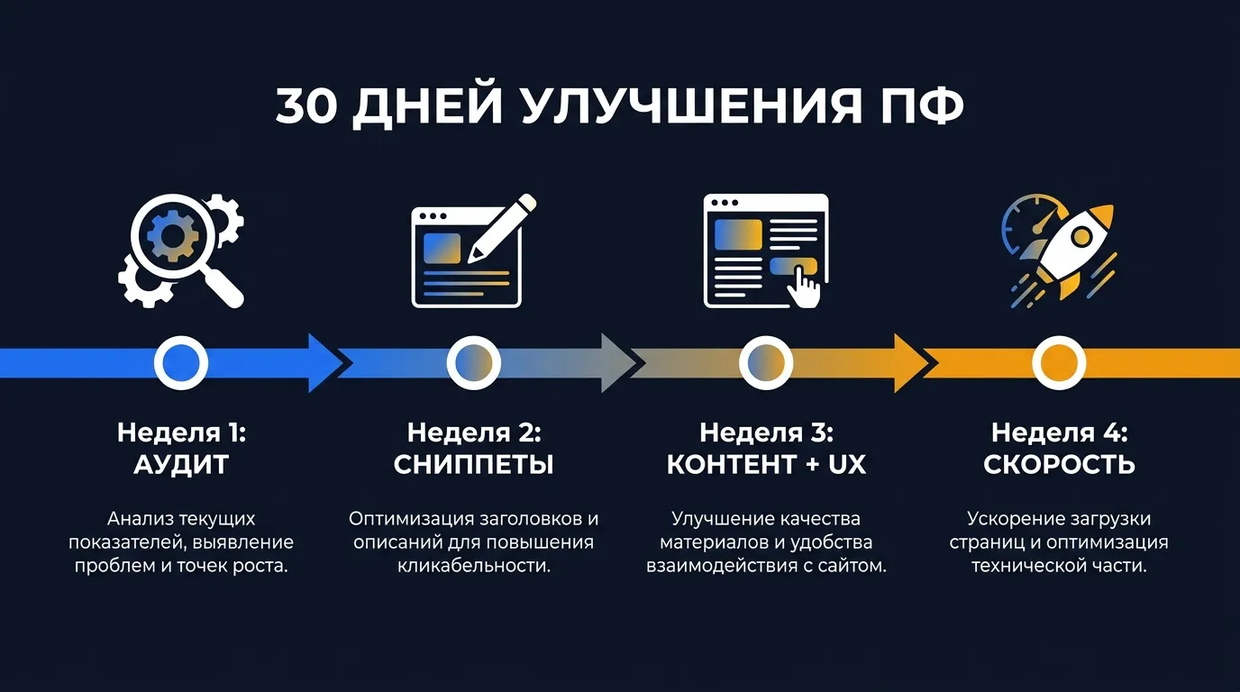 План улучшения поведенческих факторов за 30 дней: неделя 1 аудит, неделя 2 сниппеты, неделя 3 контент и UX, неделя 4 скорость