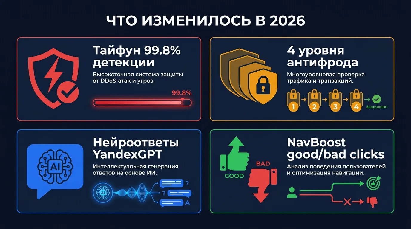 Что изменилось в Яндексе 2026: Тайфун как фильтр ИИ-контента, 4 уровня антифрода, нейроответы YandexGPT, поведенческое переранжирование good/bad clicks по аналогии с Google NavBoost