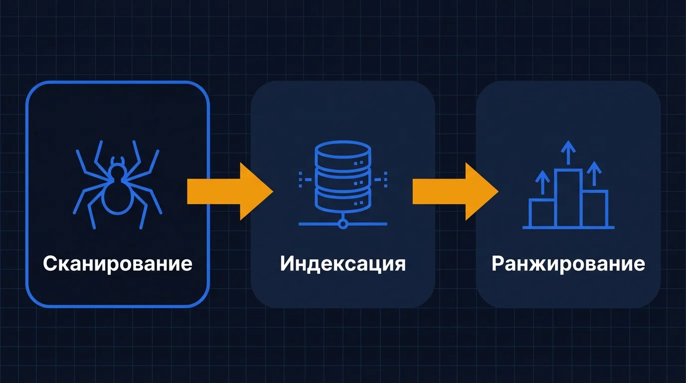 Диаграмма: три этапа работы поисковой системы - сканирование, индексация и ранжирование страниц в выдаче