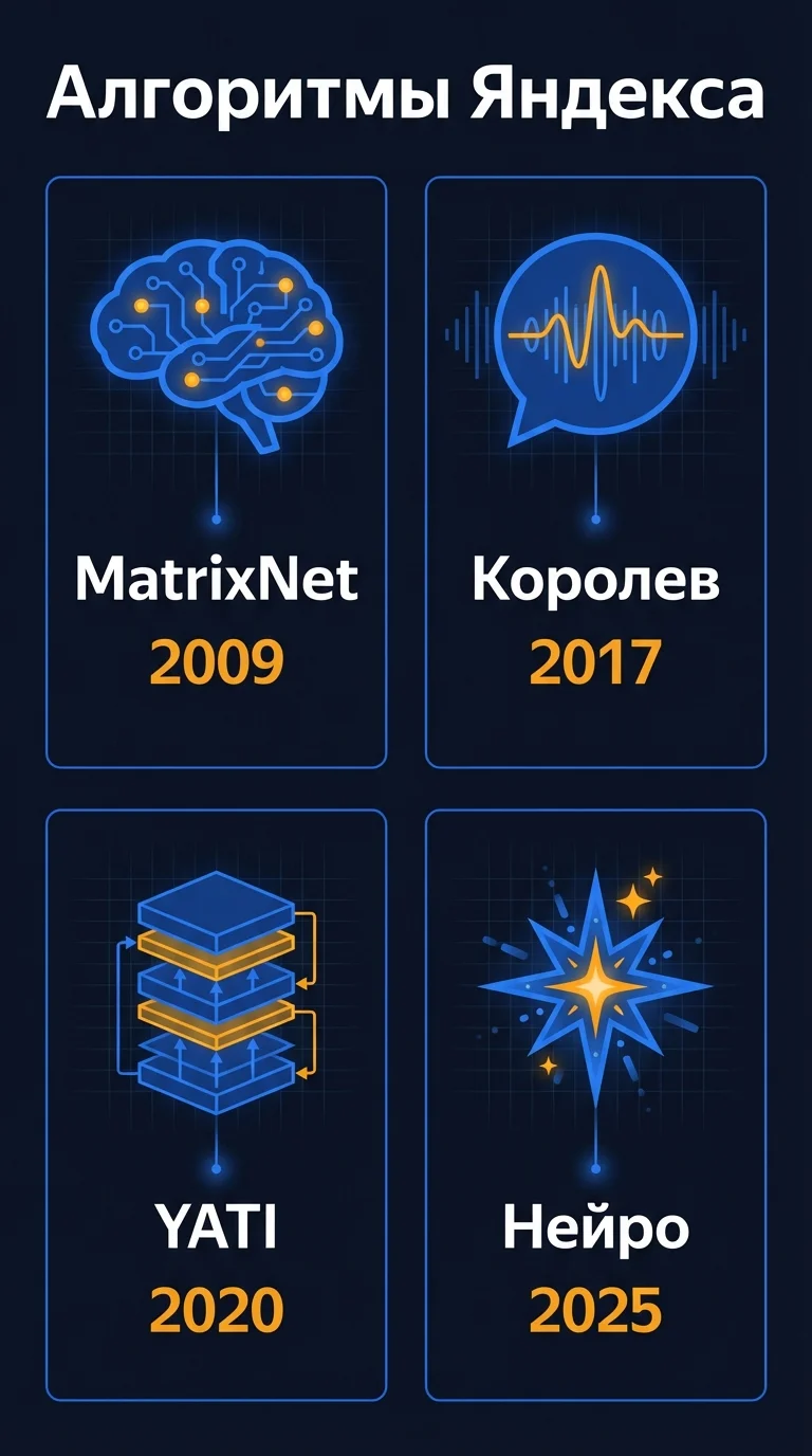 Инфографика: алгоритмы ранжирования Яндекса - MatrixNet, Королев, YATI и Яндекс Нейро с годами запуска