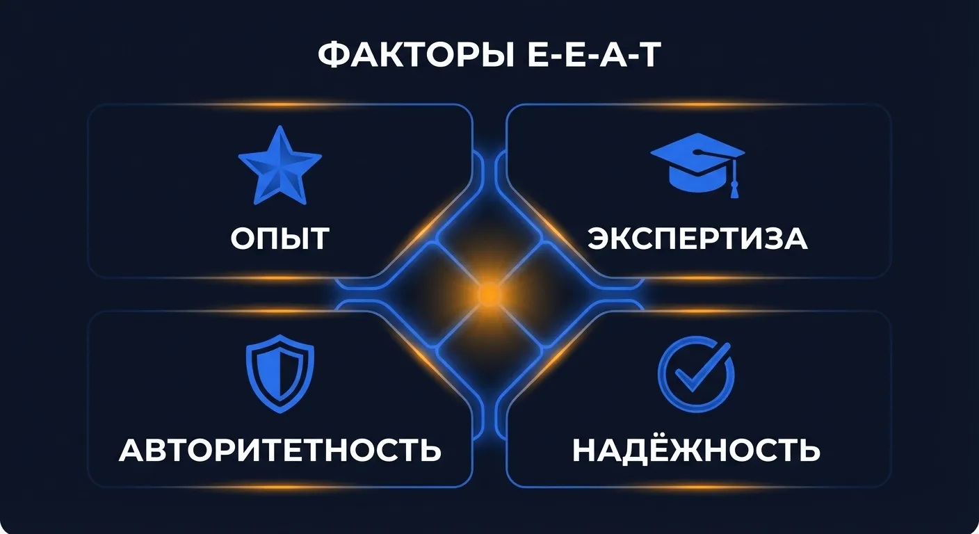 Инфографика: четыре фактора E-E-A-T - опыт, экспертиза, авторитетность и надежность в оценке контента Google