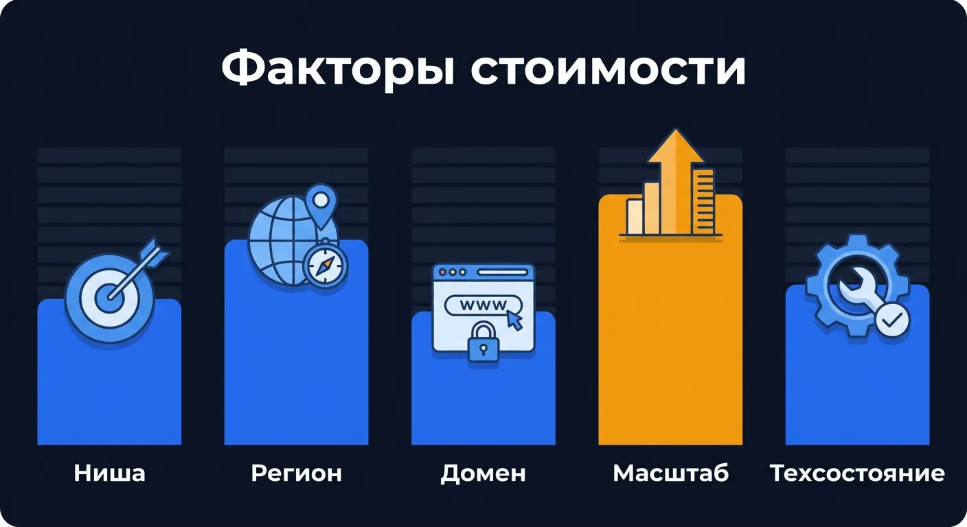 Инфографика: пять факторов стоимости SEO - конкурентность ниши, регион, домен, масштаб сайта, техсостояние