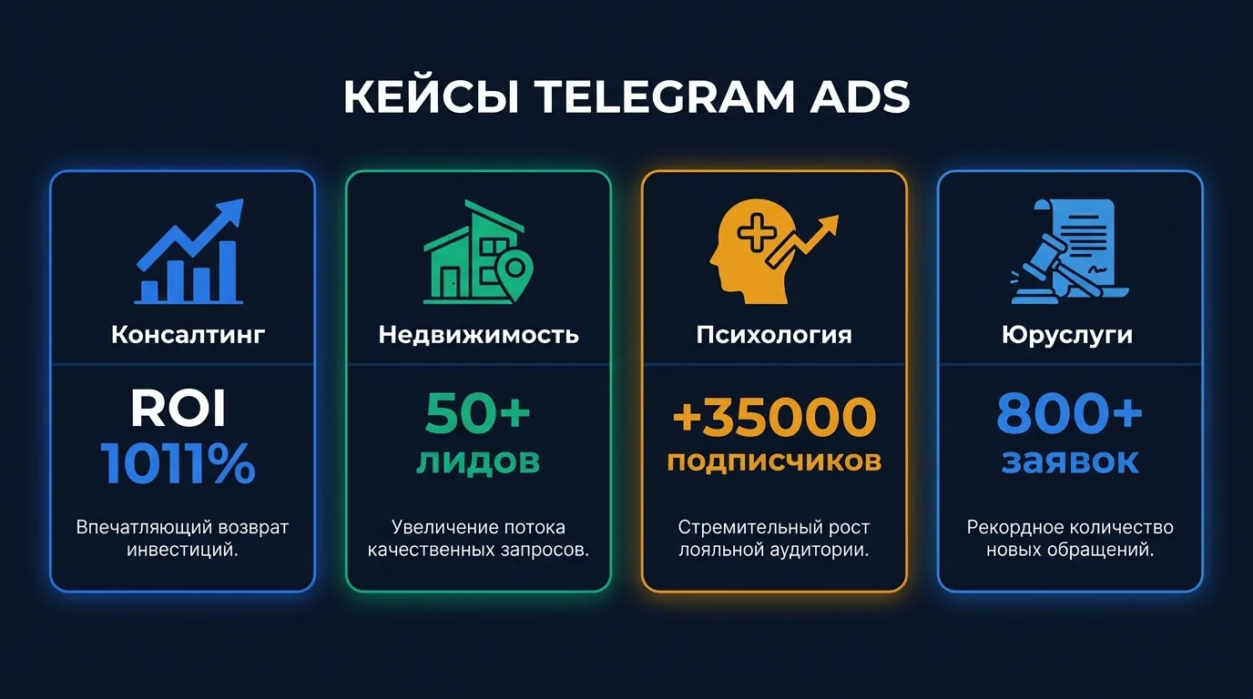 Кейсы рекламы в Telegram Ads: ROI консалтинга 1011 процентов, недвижимость 50 плюс лидов, психология 35000 подписчиков