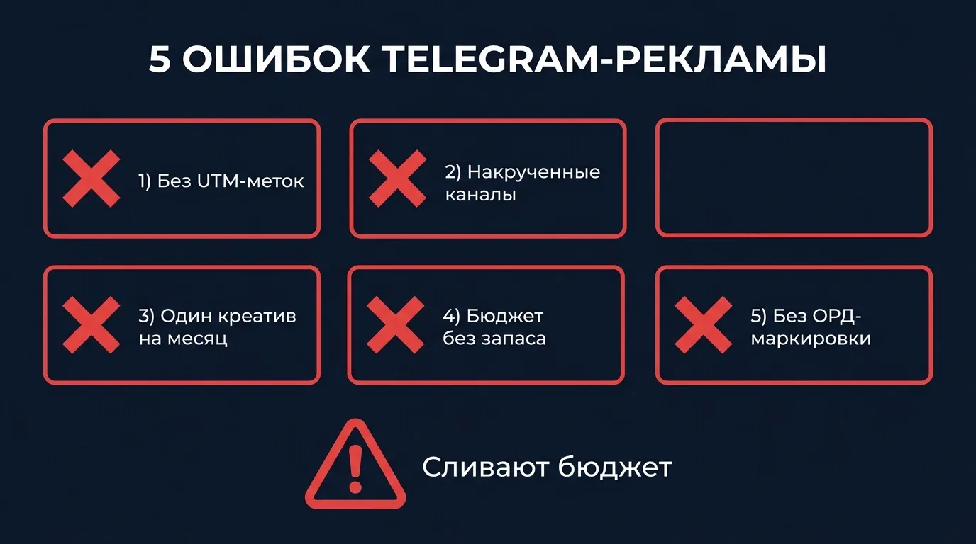 5 ошибок Telegram-рекламы 2026: без UTM-меток, накрученные каналы, один креатив на месяц, бюджет без запаса, без ОРД-маркировки